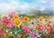 Landscape of multicolored flowers watercolor painting style