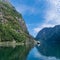 Landscape of the Naeroyfjord from the pier of Gudvangen. Naeroyfjord Neroyfjord offshoot of Sognefjord is the narrowest fjord in