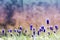 Landscape natural with flowers Muscari, on a gentle soft toned on blue and pink background outdoors close-up