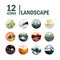 Landscape nature mountains ocean and forest in circle icons set flat style icon