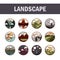 Landscape nature mountains ocean and forest in circle icons set line and fill icon