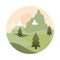 Landscape nature snowy mountains pine trees field flat style icon