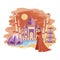 Landscape New Delhi. Cartoon illustration of the sights of India. Vector drawing for travel agency.