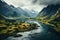 Landscape of Norway. A village in a mountain valley. Generative AI Art. Beautiful view