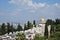 Landscape with ocean and trees and Bahai monument of Haifa Israel