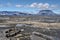 Landscape of Odadahraun desert with Herdubreid volcano at right, lava rocks, sand and ash is at foreground