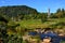 Landscape with old celtic round tower in Glendalough