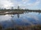 Landscape with old peat bogs and swamp vegetation. The bog pond reflects small pines, bushes and cloudy skies. Niedraju Pilkas