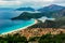 Landscape of Oludeniz Beach and bay, Fethiye, Mugla, Turkey. Aerial Photo from Lycian way. Summer concept