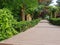 A landscape overlooking a terrace.On the terrace you can see the view from the flower arch. A road with lots of greenery and wood