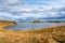 Landscape overview i, blue, white and yellow, Lake MÃ½vatn in autumn colors, Iceland