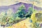 Landscape painting colorful of illustration cottage on the hil