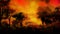 Landscape painting: Forest fire, burnt trees with smoke