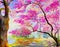 Landscape painting pink color of wild himalayan cherry with cyclist