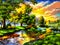 Landscape paintings of forests, rivers and sunset. Beautiful picture of nature.