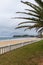 Landscape with palm tree and white fence, a cloudy afternoon, on the beach of Comillas, Cantabria, Spain