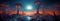 Landscape panorama of alien planet at dusk with surreal mushroom-like trees against a dramatic orange and blue sky