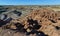 Landscape, panorama of erosive multi-colored clay in Petrified Forest National Park, Arizona