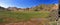 Landscape Panorama of Grassy Meadow and Colourful Rhyolite Mountains, Landmannalaugar, Fjallabak Nature Reserve, Central Iceland