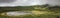 Landscape panorama at Lagoa Branca caldera crater lake on the Azores island of Ilha das Flores