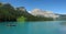 Landscape Panorama of Red Canoes on Glacial Emerald Lake, Yoho National Park, British Columbia