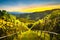 Landscape panorama of vineyard on an Austrian countryside with a church in the background in Kitzeck im Sausal