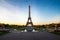 Landscape panoramic view on the Eiffel tower and park during the sunny day in Paris, France. Travel and Vacation concept