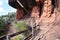 Landscape, pathway, high and steep wooden floor, beautiful sky background on the rocky mountain, Phu Thok Temple, Bueng Kan