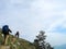 Landscape of people walking by steep hiking trail with a bird in