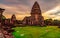 Landscape of Phimai Historical Park with sunset sky. Landmark of Nakhon Ratchasima, Thailand. Travel destinations. Historic site