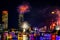 Landscape photo of firework for New Year 2019 celebration on Chao Phraya River with people or traveller on boat at Bangkok Thaila