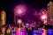 Landscape photo of firework for New Year 2019 celebration on Chao Phraya River with people or traveller on boat at Bangkok Thaila