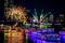 Landscape photo of firework for New Year 2019 celebration on Chao Phraya River with people or traveller on boat at Bangkok Thaila