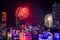 Landscape photo of firework for New Year 2019 celebration on Chao Phraya River with people or traveller on boat at Bangkok Thailan