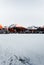 Landscape photo of frozen and snow covered Strba tarn Strbske pleso in winter time. Mountains in Slovakia with frozen lake on