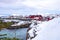 Landscape photography. Cloudy winter view of Nusfjord town, Norway, Europe. Morning scene of Lofoten Islands. Norwegian seascape