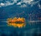 Landscape photography. Great morning view of Eibsee lake with small islet.