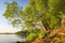 Landscape of picturesque curve of green tree above the surface of lake on summer evening. Beautiful nature on lake