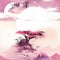 Landscape with pink tree and mountains in expressive manga style (tiled)