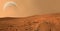 Landscape on planet Mars,scenic desert scene on the red planet.3d illustration.Red planet. Martian surface dust atmosphere.Earth-