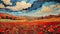 Landscape of poppy fields, streams and colored clouds.