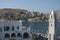 Landscape of the port at beautiful Symi island, Greece. View of the clock tower.