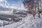 Landscape with Pyrenees Mountains in Andorra , Grandvalira ski area in El Tarter in winter day