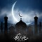 Landscape on Ramadan Kareem. Religion Holy Month. Hand drawn Arabic Calligraphy. Bright moon. Fog, clouds. Old Muslim city. Islami