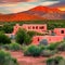 Landscape with red mountains and pink clay houses