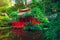 Landscape with Red wooden house in the beautiful japanese style garden, park with pond. Traditional japan architecture. Exterior