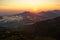 Landscape from Rhodope mountains in Bulgaria during sunset or sunrise. Small chapel and monastery near Borovo