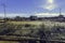 Landscape of the Riotinto Mines surrounded by cranes and pipes under the sunlight in Huelva in Spain