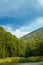 Landscape with river landscape, sky, grass, nature, summer, mountain, field, tree, countryside, clouds, forest, hills, cloud, hill