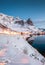 Landscape of road glowing on mountain in norwegian fishing villa